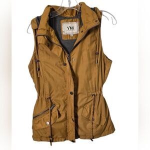 YMI Camel Brown Sleeveless Hooded Vest Jacket Size L Polyester military